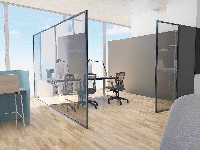 3D concept render of glass office pods with skyline backdrop