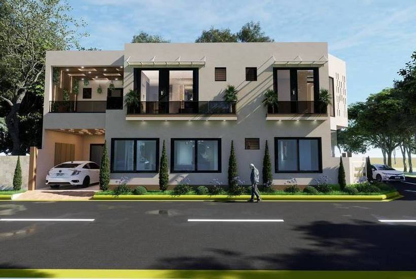 3D exterior elevation concept render of a modern townhouse facade